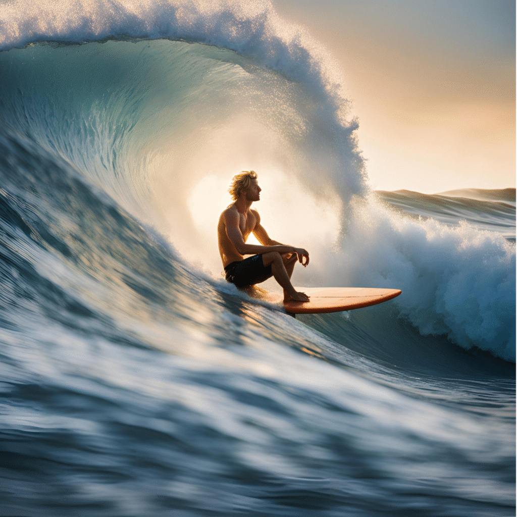 un homme fait du surf dans le creux d'une vague, dans une posture paisible et détendue