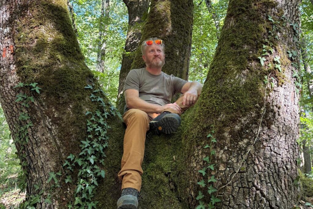 David Martinat assis au cœur de la forêt