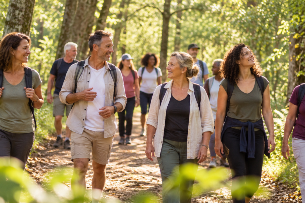 Groupe participant à une marche mieux-être en forêt près de Bourges