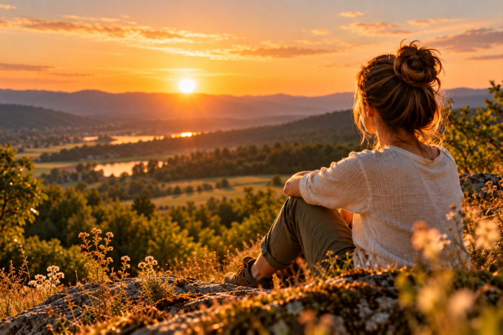 Femme assise de dos dans la nature, contemplant un paysage vallonné au coucher du soleil.