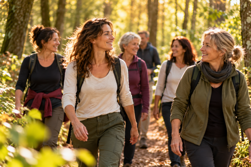 Petit groupe d'adultes marchant dans une forêt ensoleillée, échangeant et souriant au cours d'une balade en pleine nature.