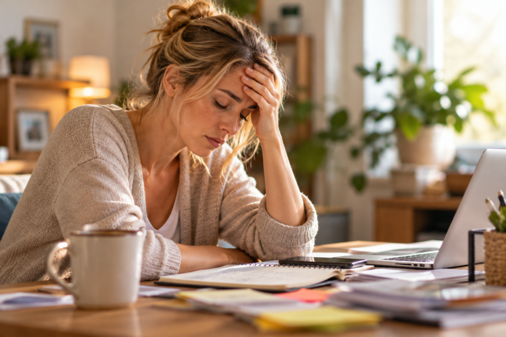 Femme fatiguée, la main sur le front, assise devant son ordinateur et ses notes à la maison.