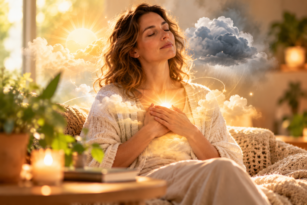 Femme aux yeux fermés, les mains sur le cœur, entourée symboliquement de soleil et de nuages représentant sa météo intérieure.