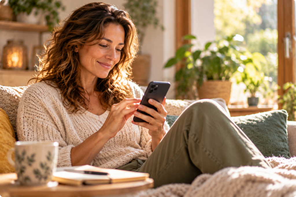 Femme souriante, installée sur son canapé dans un intérieur lumineux, consultant son téléphone portable.